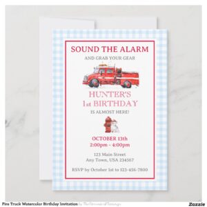 Fire Truck Watercolor Birthday Invitation