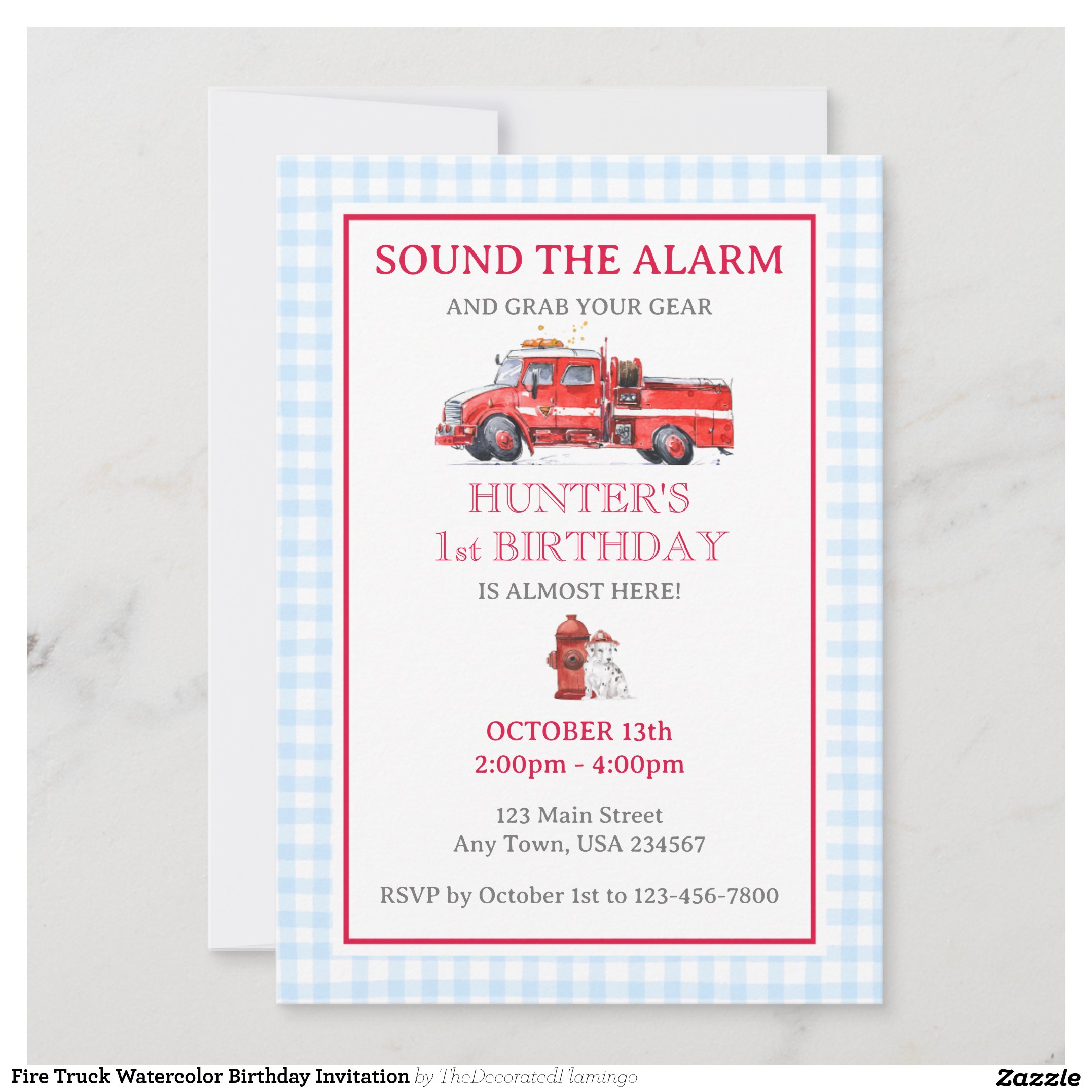 Fire Truck Watercolor Birthday Invitation