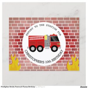 Firefighter Bricks Firetruck Flames Birthday Invitation Postcard