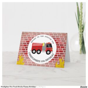 Firefighter Fire Truck Bricks Flames Birthday Invitation