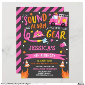 Firetruck Birthday Party Pink Firefighter Invitation
