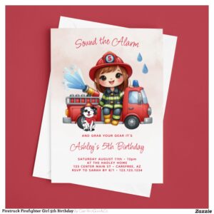Firetruck Firefighter Girl 5th Birthday Invitation