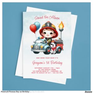 Firetruck Fireman Boy 1st Birthday Invitation