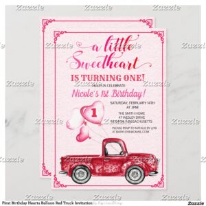 First Birthday Hearts Balloon Red Truck Invitation