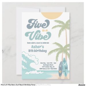 Five Is A Vibe Retro Surf Beach Birthday Party Invitation