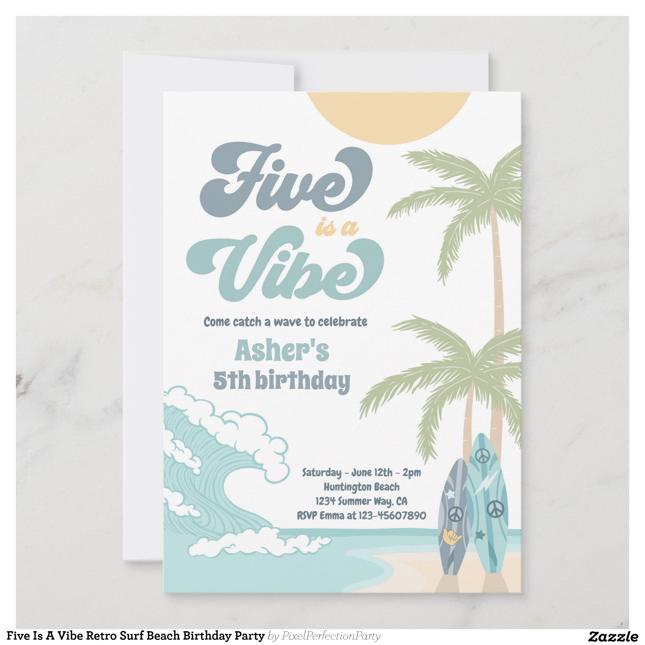 Five Is A Vibe Retro Surf Beach Birthday Party Invitation