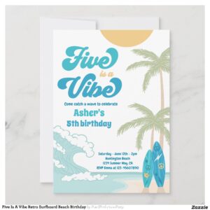 Five Is A Vibe Retro Surfboard Beach Birthday Invitation