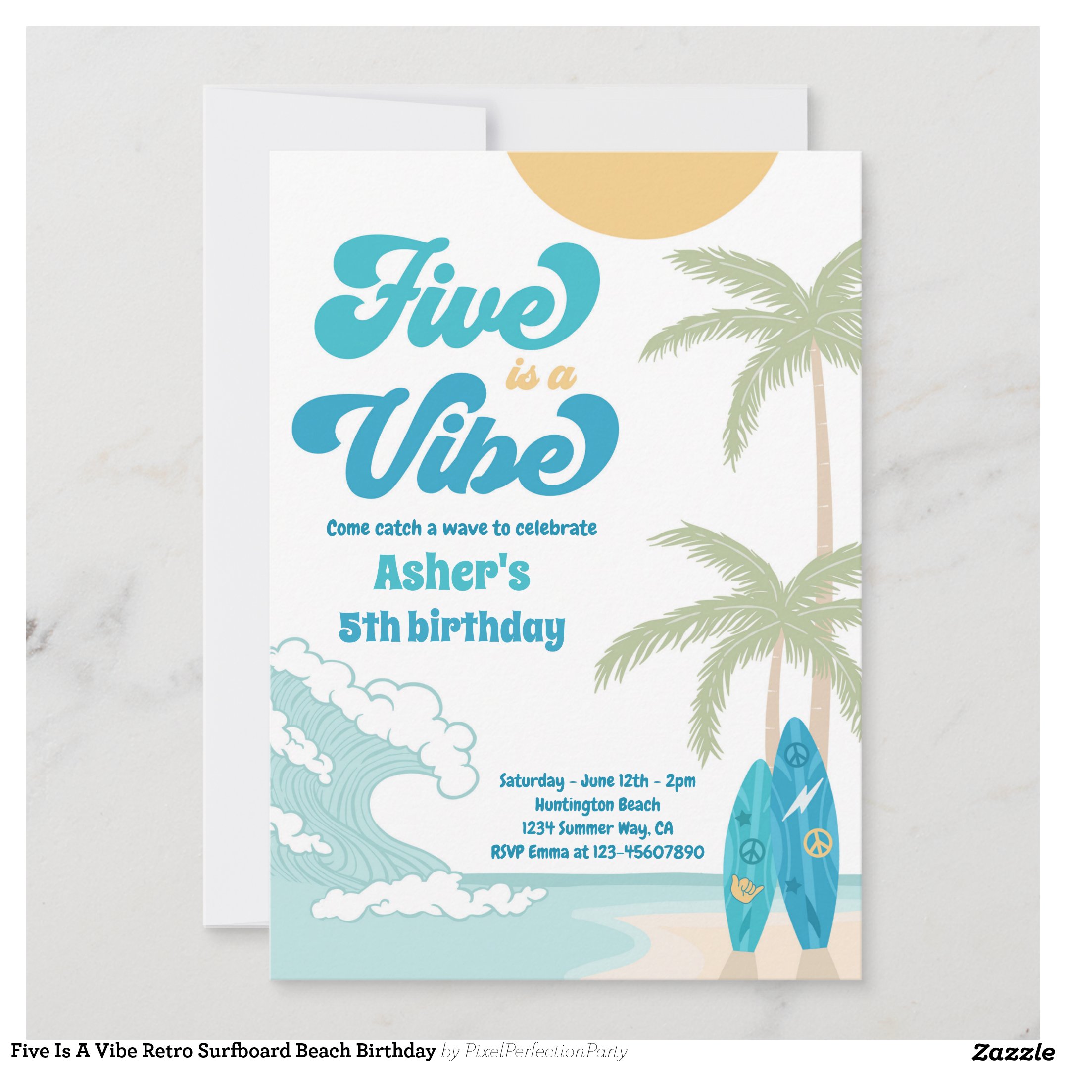 Five Is A Vibe Retro Surfboard Beach Birthday Invitation