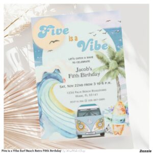 Five is a Vibe Surf Beach Retro Fifth Birthday Invitation