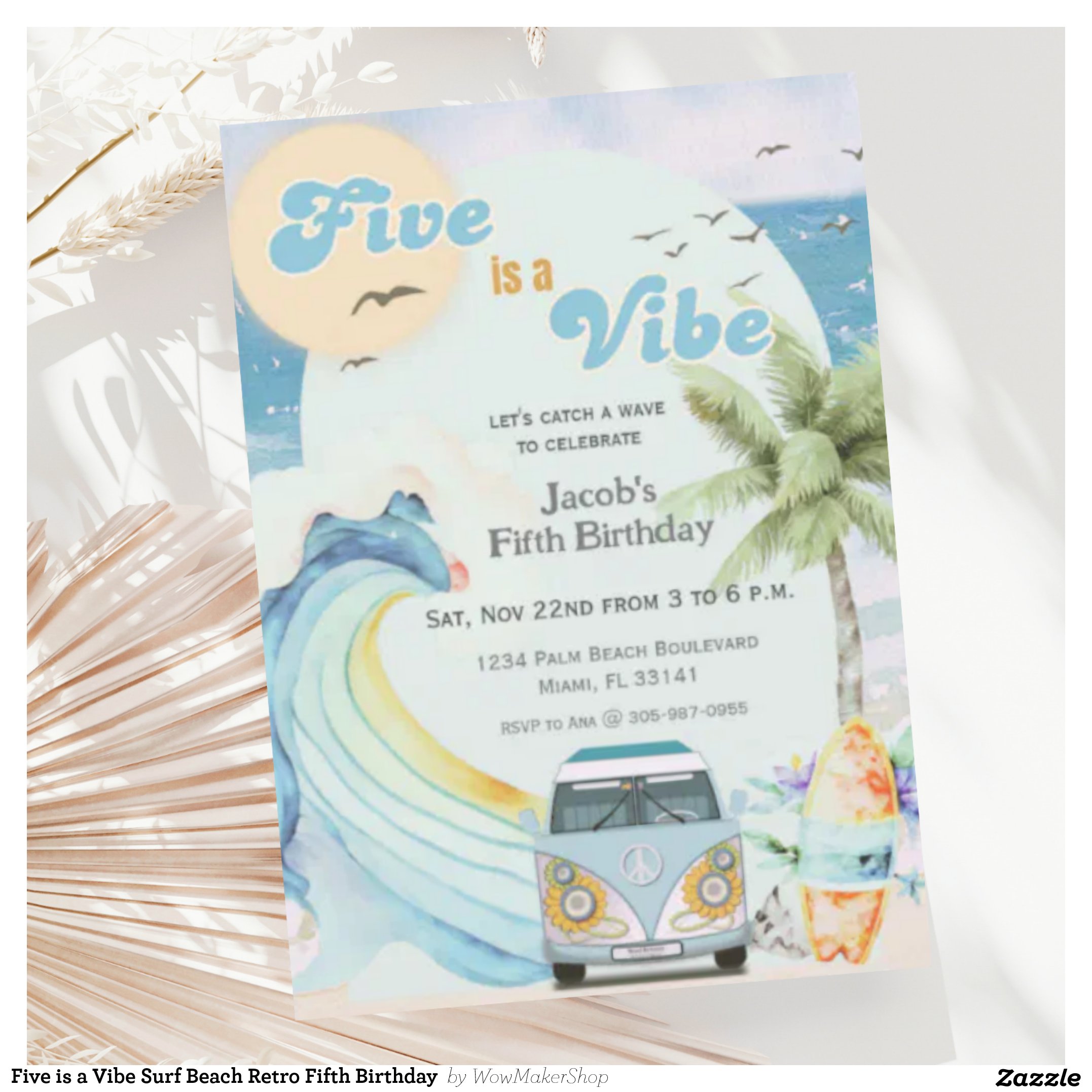 Five is a Vibe Surf Beach Retro Fifth Birthday Invitation
