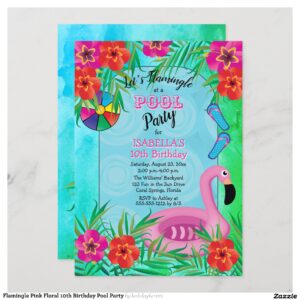 Flamingle Pink Floral 10th Birthday Pool Party Invitation