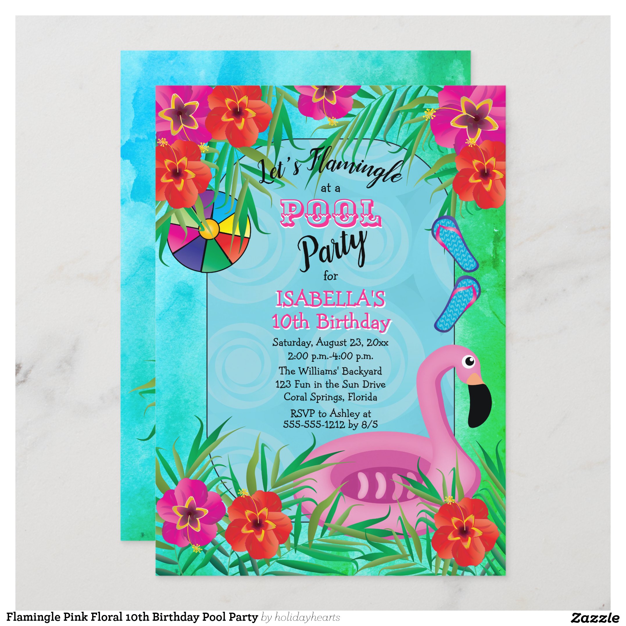 Flamingle Pink Floral 10th Birthday Pool Party Invitation