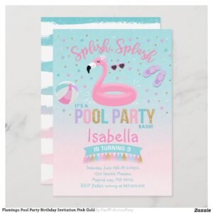 Flamingo Pool Party Birthday Invitation Pink Gold