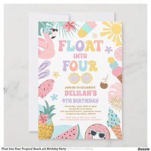 Float Into Four Tropical Beach 4th Birthday Party Invitation