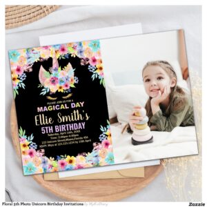 Floral 5th Photo Unicorn Birthday Invitations