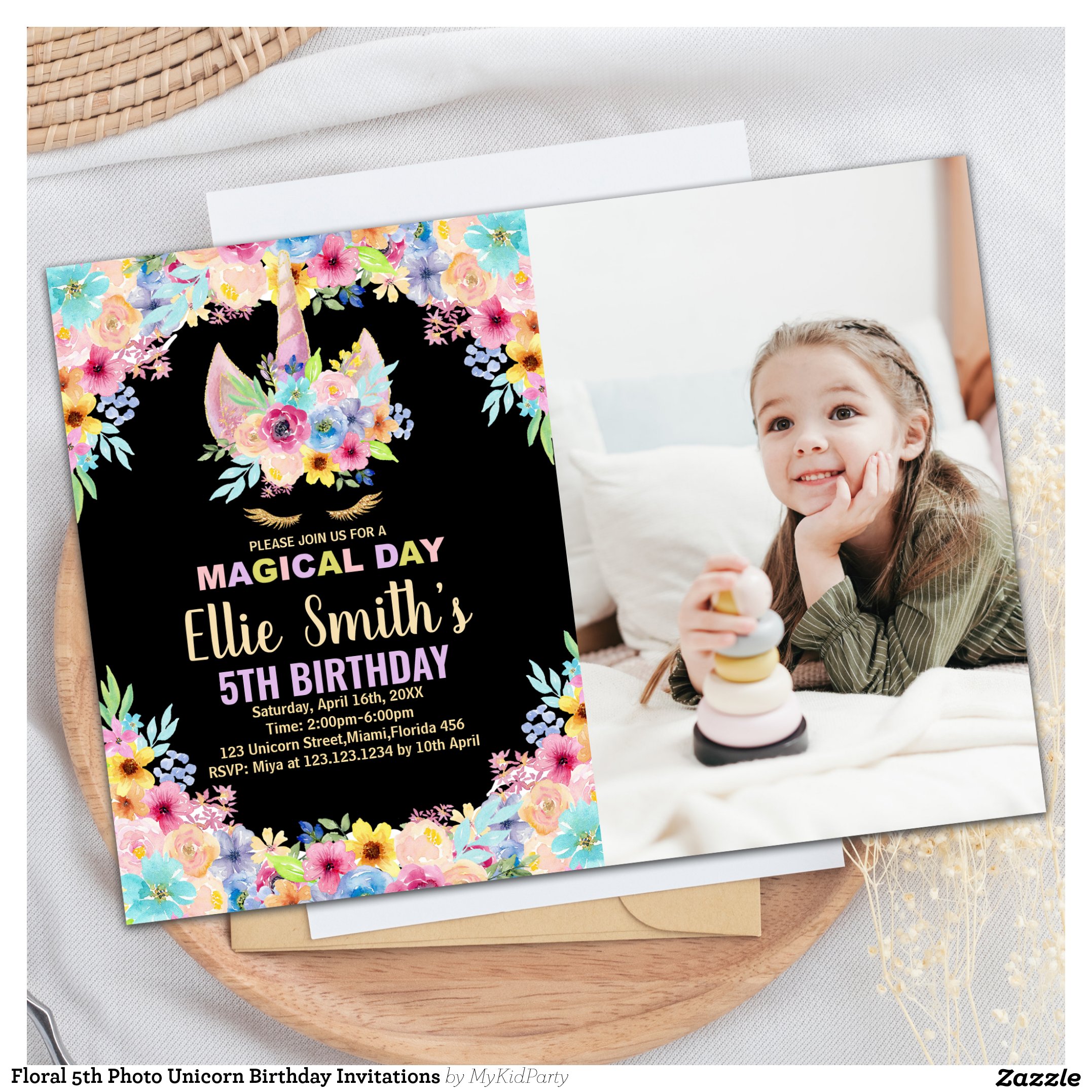 Floral 5th Photo Unicorn Birthday Invitations