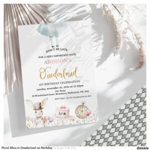 Floral Alice in Onederland 1st Birthday Invitation
