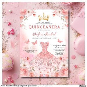 Floral Blush Pink Bilingual Spanish Quinceanera Invitation