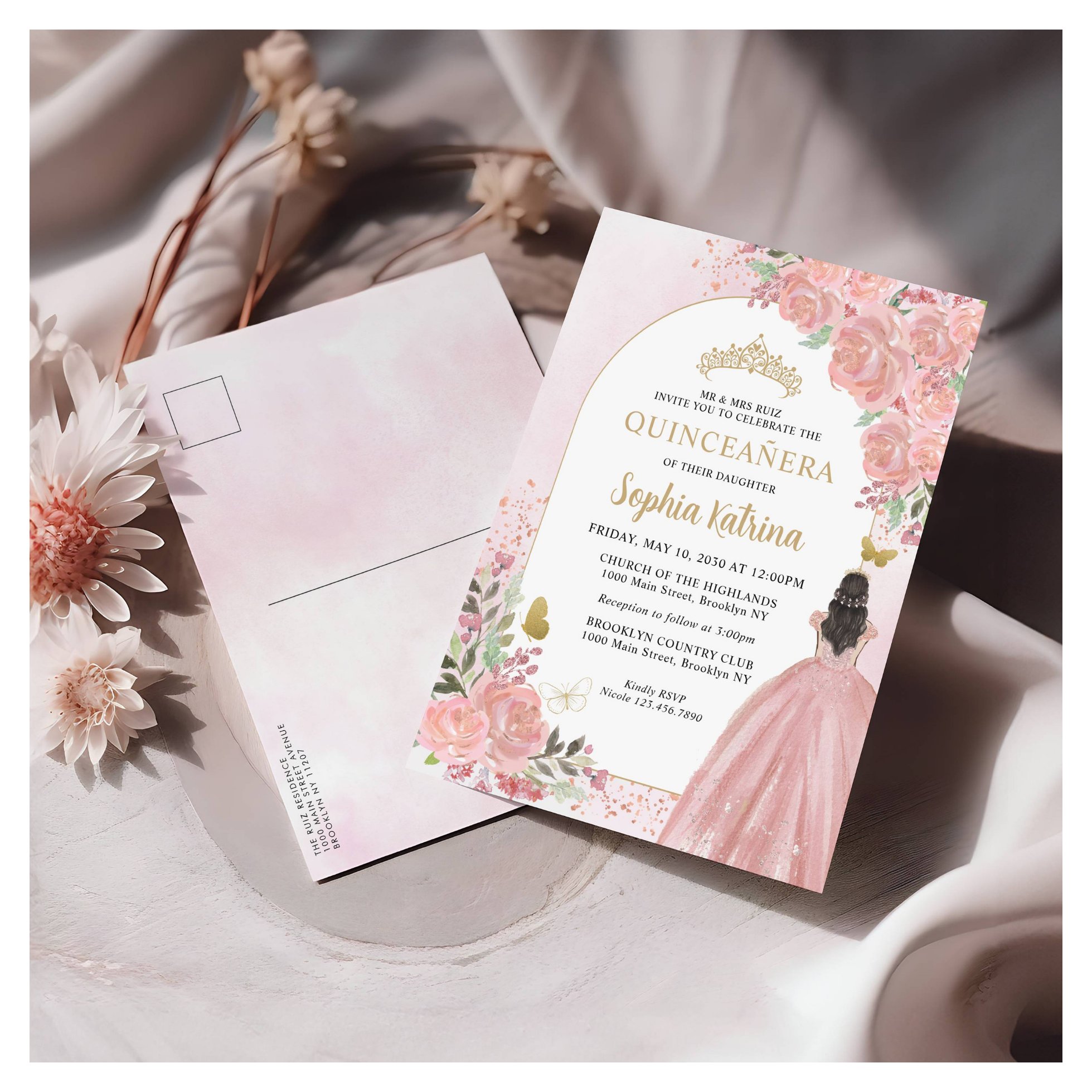Floral Blush Pink Gold Gown Birthday Quinceanera Invitation Postcard
