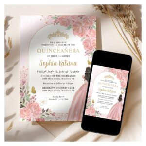 Floral Blush Pink Princess Birthday Quinceanera Invitation