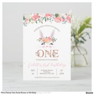 Floral Bunny Face Some Bunny 1st Birthday Invitation