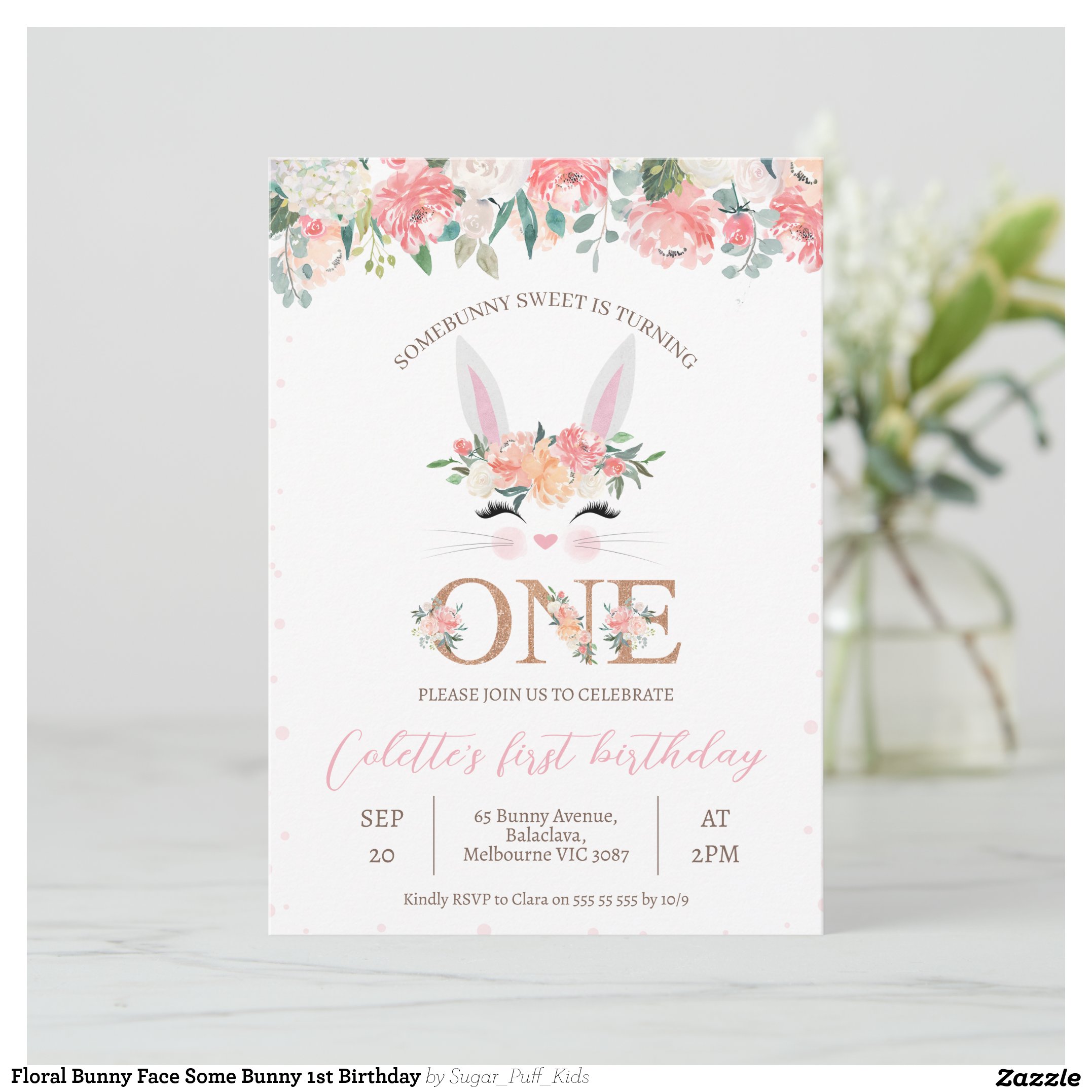 Floral Bunny Face Some Bunny 1st Birthday Invitation