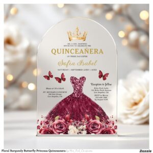 Floral Burgundy Butterfly Princess Quinceanera Acrylic Invitations