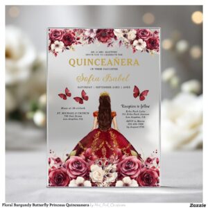Floral Burgundy Butterfly Princess Quinceanera Acrylic Invitations