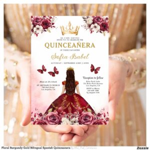 Floral Burgundy Gold Bilingual Spanish Quinceanera Invitation