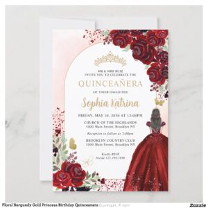 Floral Burgundy Gold Princess Birthday Quinceanera Invitation
