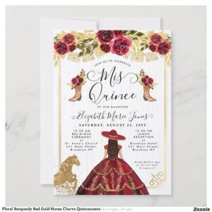 Floral Burgundy Red Gold Horse Charra Quinceanera Invitation