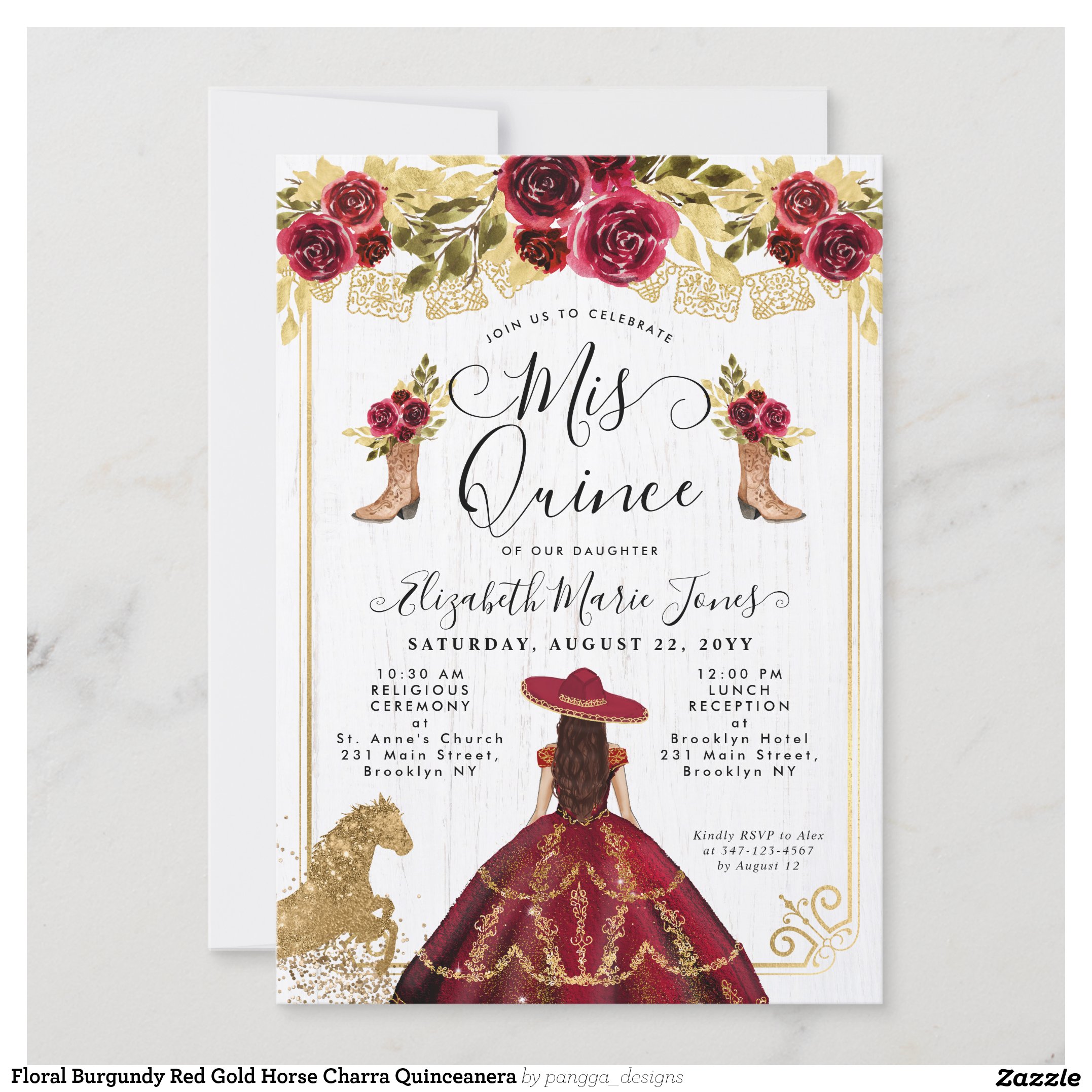 Floral Burgundy Red Gold Horse Charra Quinceanera Invitation