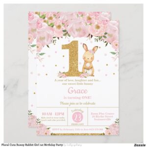 Floral Cute Bunny Rabbit Girl 1st Birthday Party Invitation