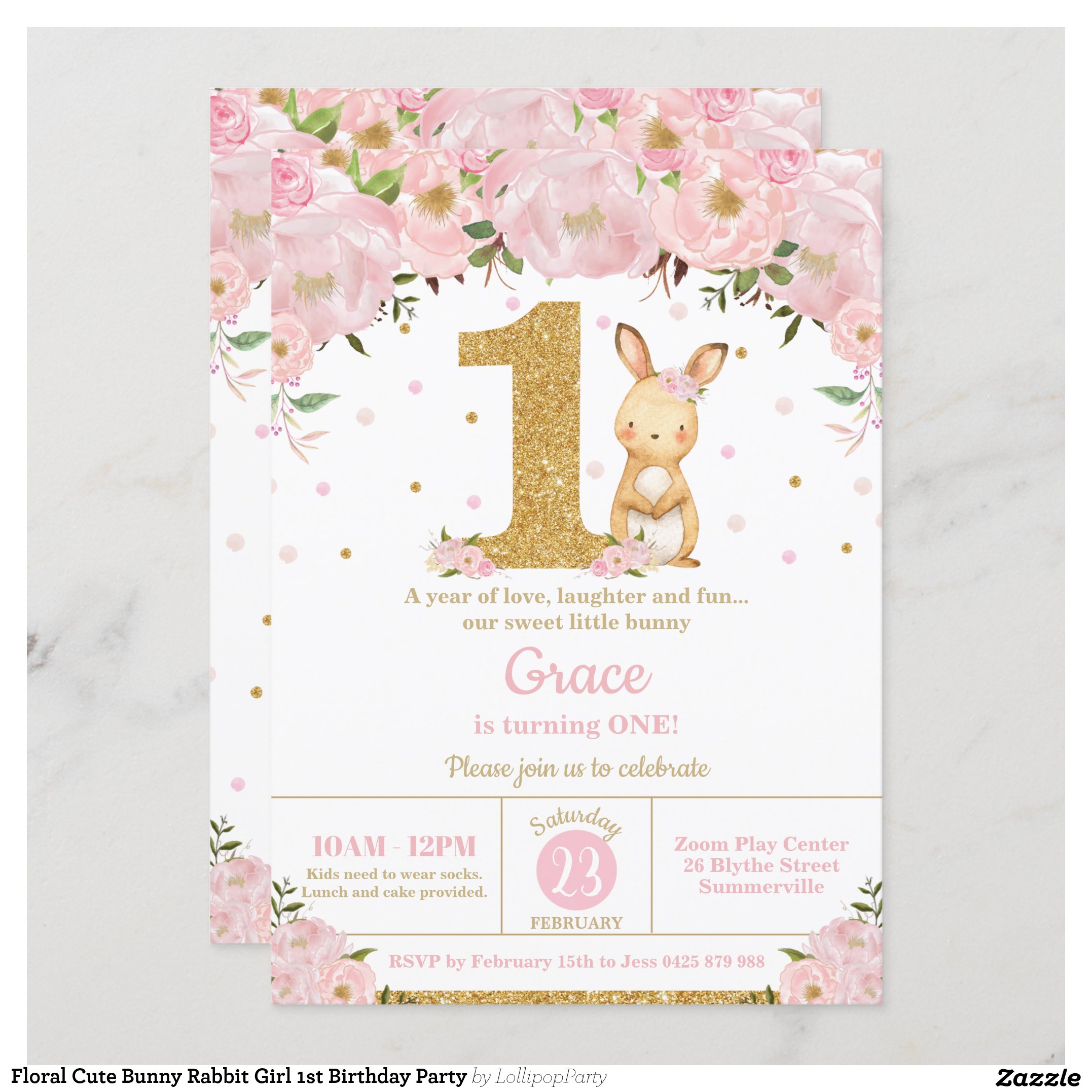 Floral Cute Bunny Rabbit Girl 1st Birthday Party Invitation