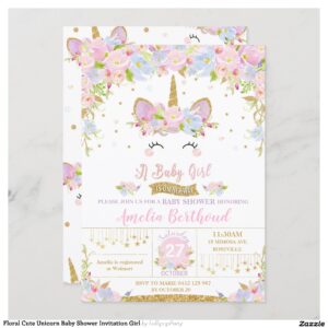 Floral Cute Unicorn Baby Shower Invitation Girl