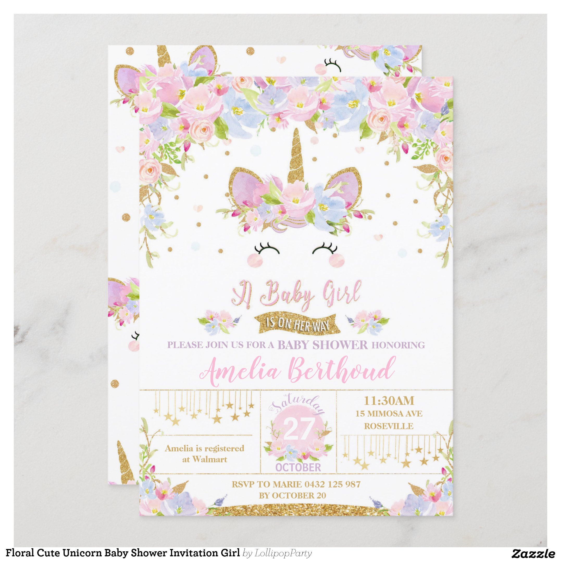 Floral Cute Unicorn Baby Shower Invitation Girl