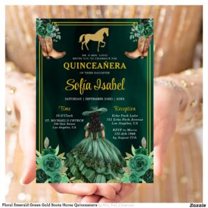Floral Emerald Green Gold Boots Horse Quinceanera Invitation