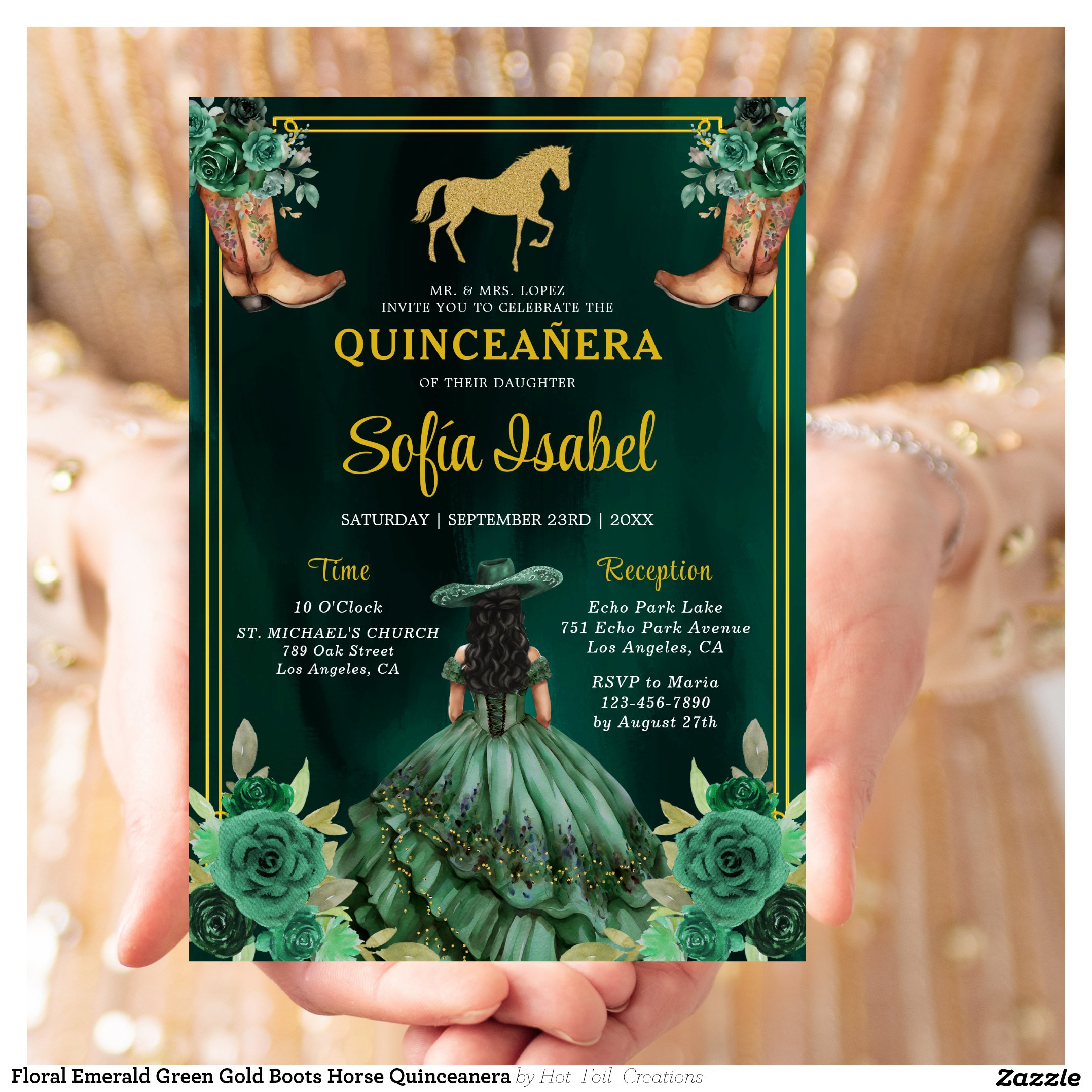 Floral Emerald Green Gold Boots Horse Quinceanera Invitation