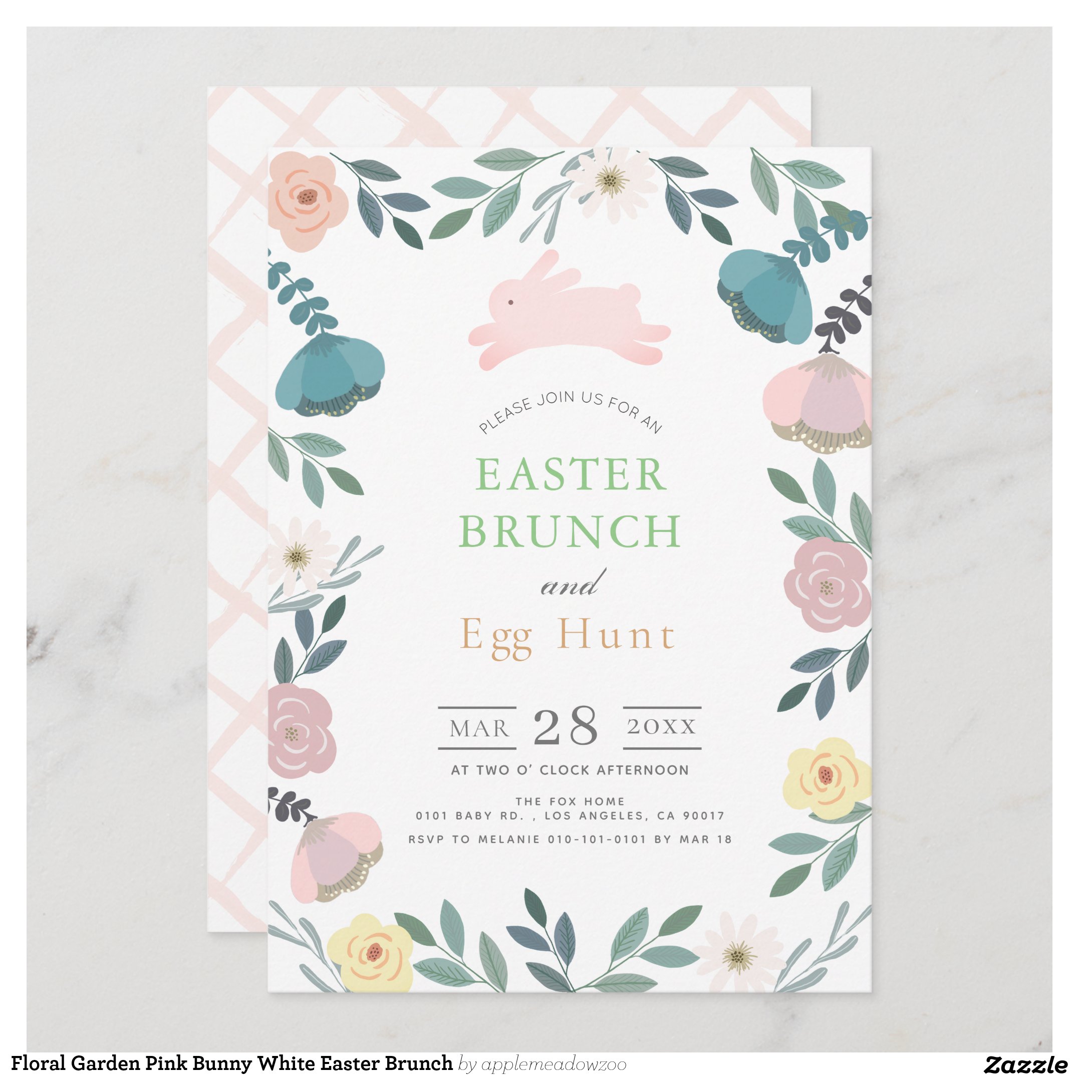 Floral Garden Pink Bunny White Easter Brunch Invitation