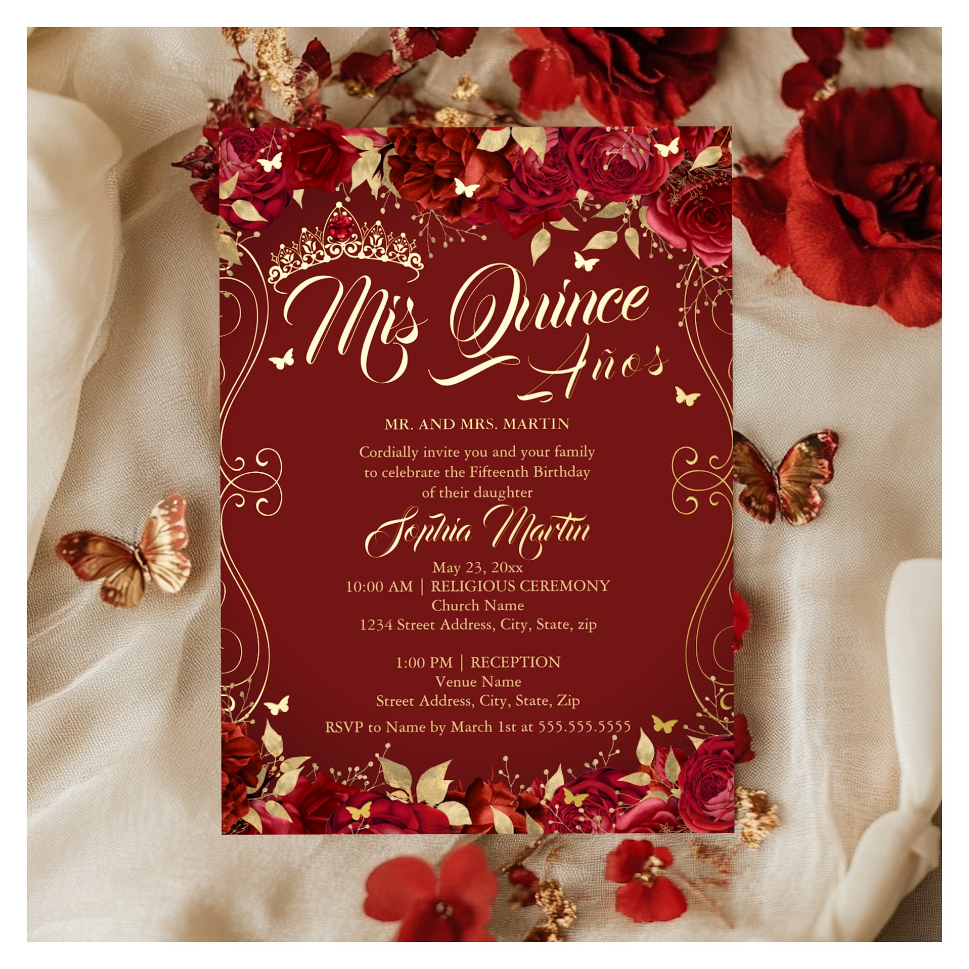 Floral Garden Scroll Ruby Mis Quince Quinceanera Foil Invitation