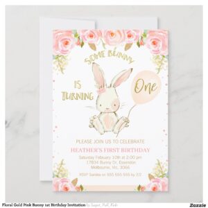 Floral Gold Pink Bunny 1st Birthday Invitation