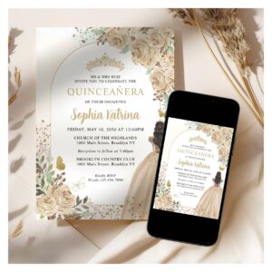 Floral Light Gold Princess Birthday Quinceanera Invitation