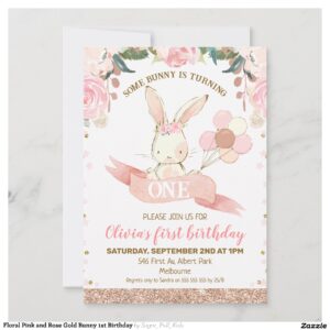 Floral Pink and Rose Gold Bunny 1st Birthday Invitation