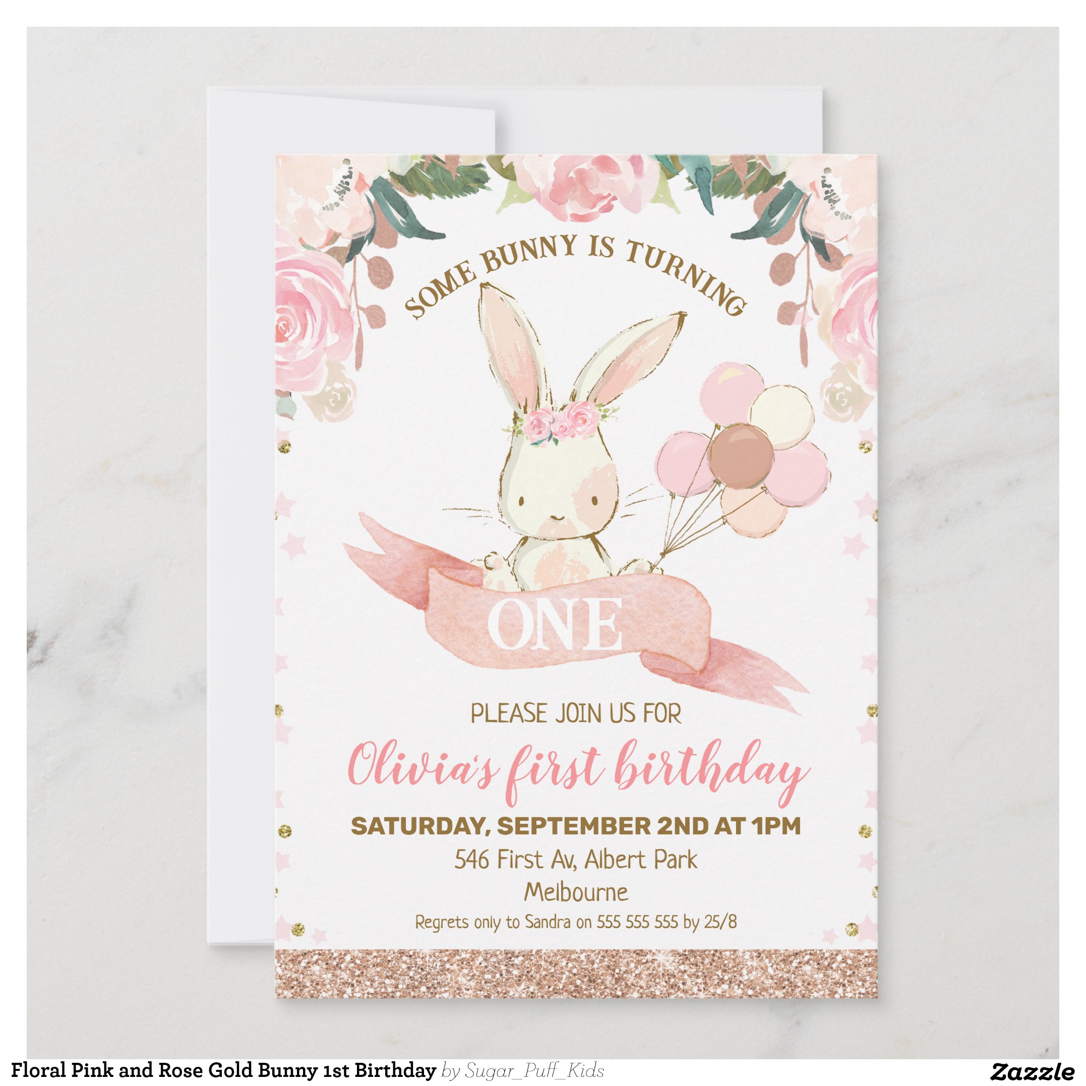 Floral Pink and Rose Gold Bunny 1st Birthday Invitation