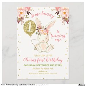 Floral Pink Gold Bunny 1st Birthday Invitation
