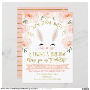 Floral Pink Gold Bunny Face Birthday Invitation