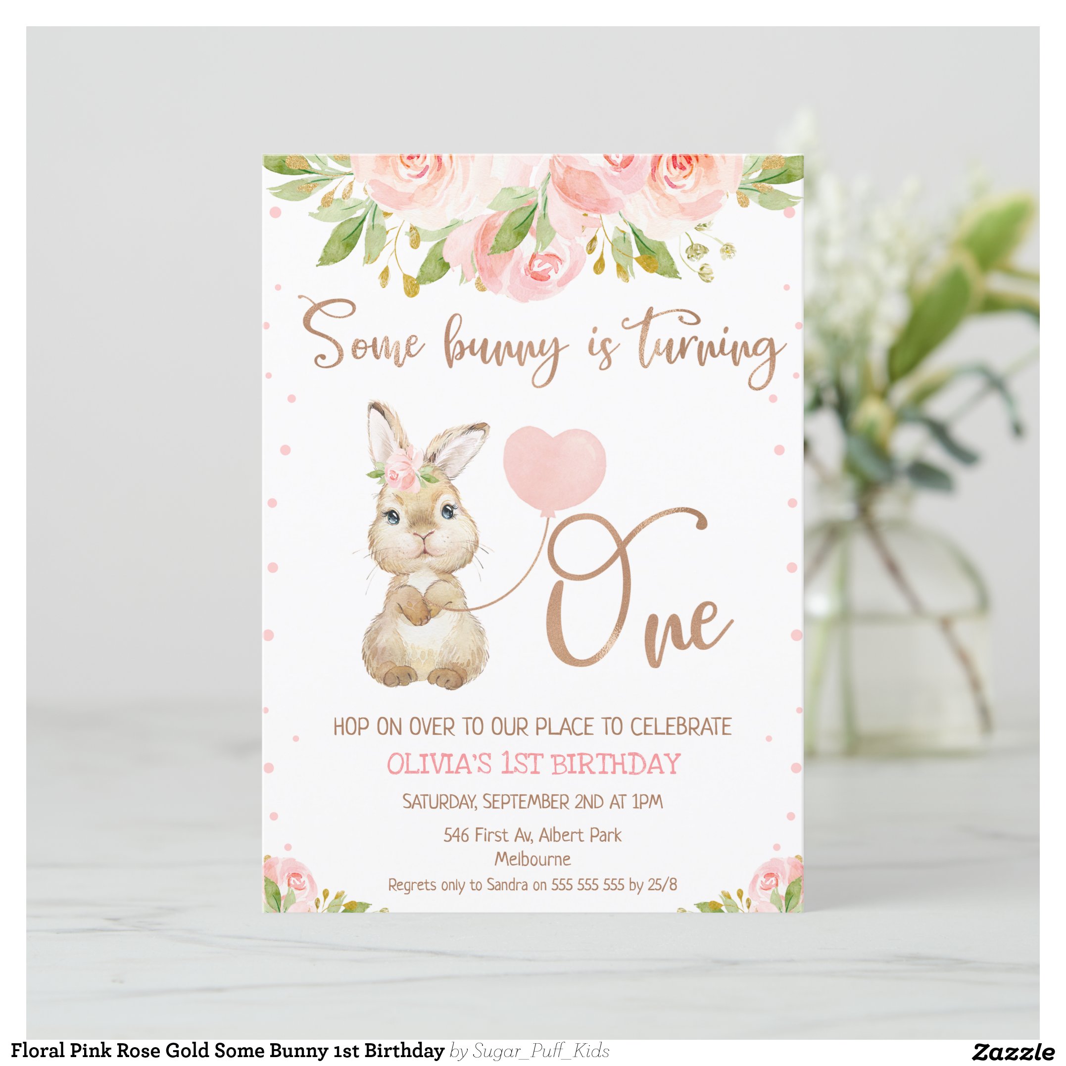 Floral Pink Rose Gold Some Bunny 1st Birthday Invitation
