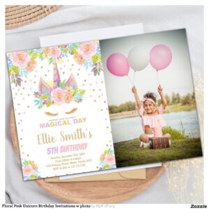 Floral Pink Unicorn Birthday Invitations w photo