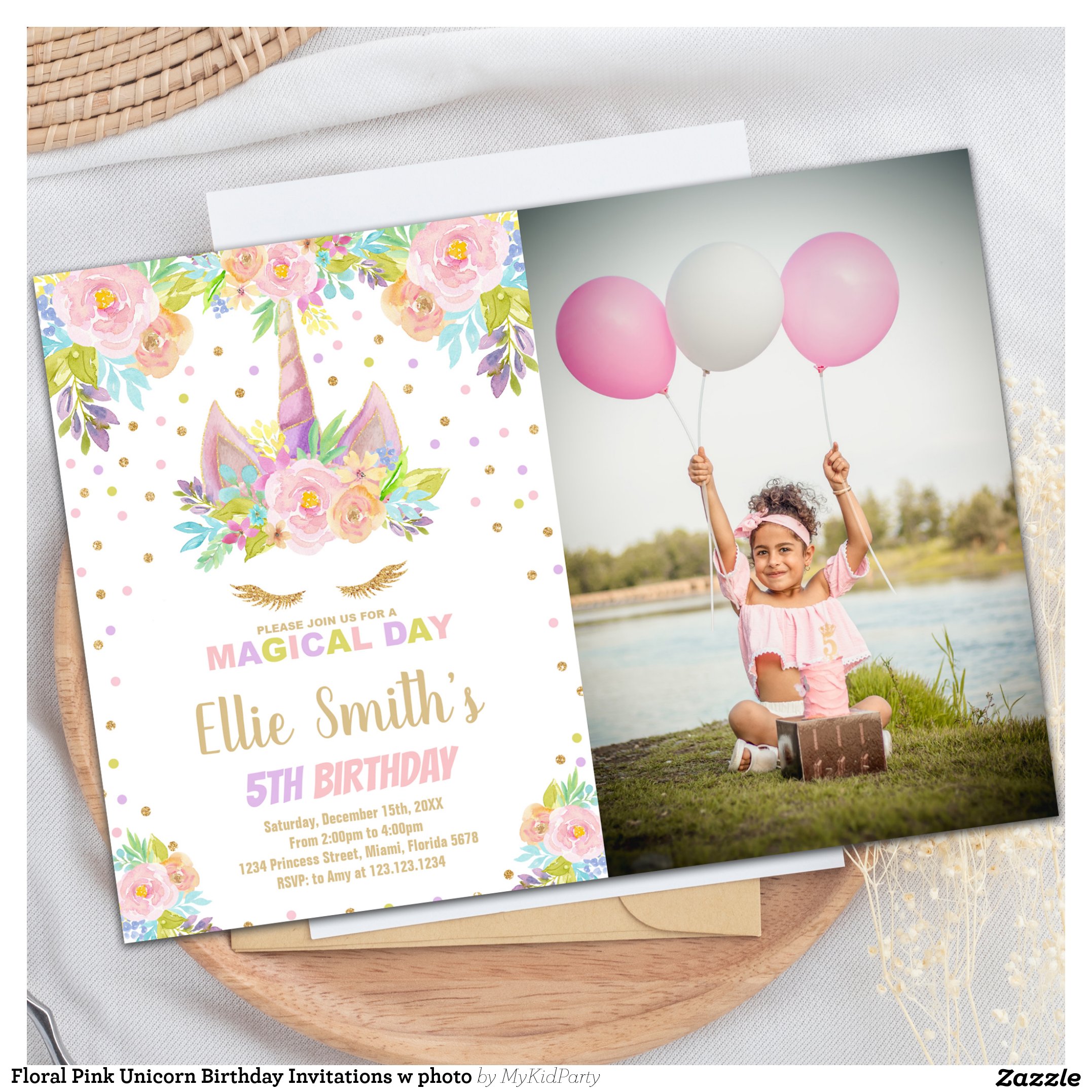 Floral Pink Unicorn Birthday Invitations w photo