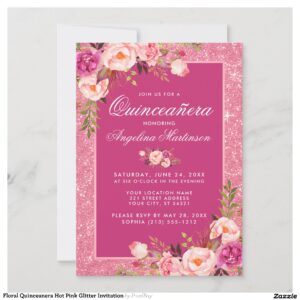 Floral Quinceanera Hot Pink Glitter Invitation